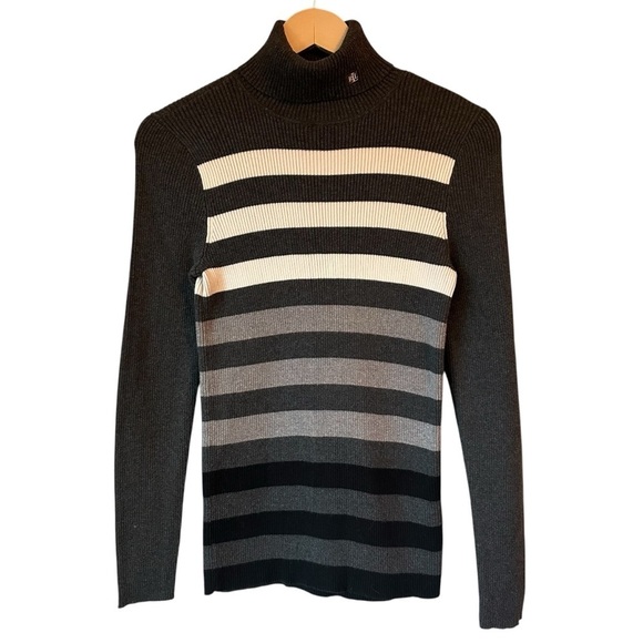 Ralph Lauren Women's Wide Striped Turtleneck Sweater - Black and Gray, Medium - Picture 1 of 10